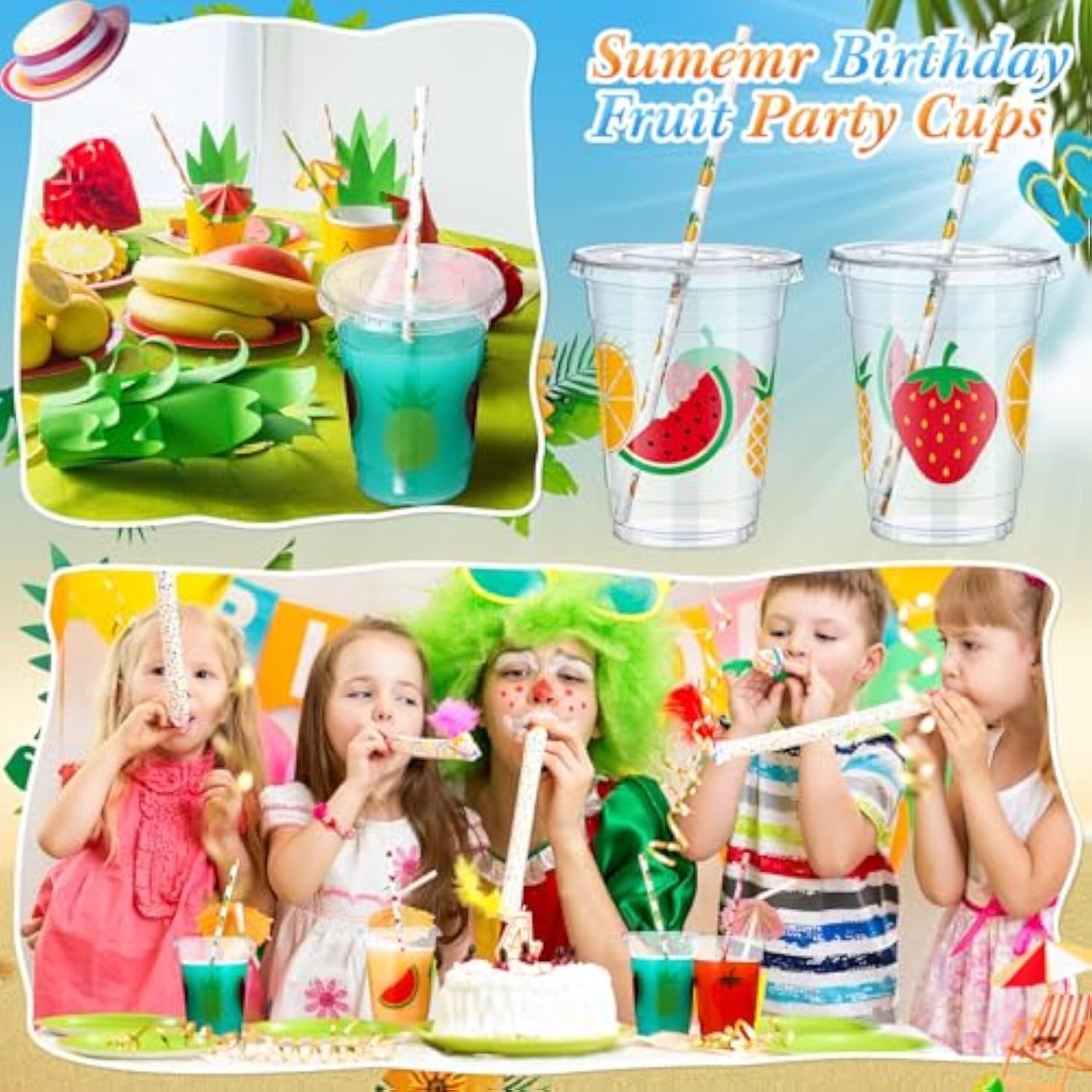 300 Pcs Fruit Disposable Plastic Cups With Lids And Straws 12Oz Summer Party Favors Cups Fruit Disposable Clear Cups Summer Fruit Theme Party Supplies Favors