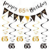 65th Birthday Decoration Kit, Black & Gold Banner Bunting Swirls Streamers Set