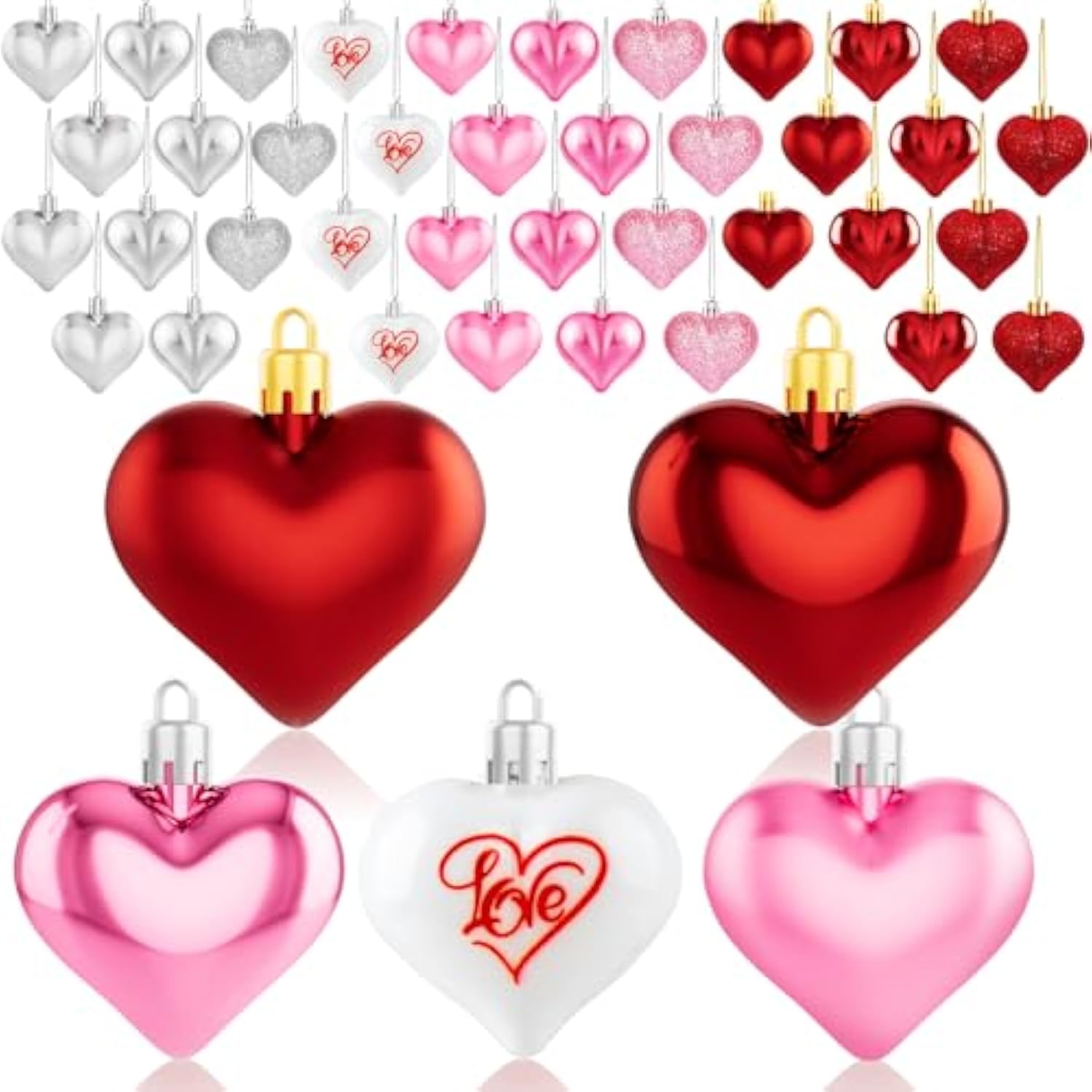 36Pcs Valentines Day Decor Heart Ornaments Classic Red Pink Silver Valentines Decorations Heart Shaped Baubles Hanging Ornaments For Valentine’S Day Christmas Tree Wedding Anniversary Party