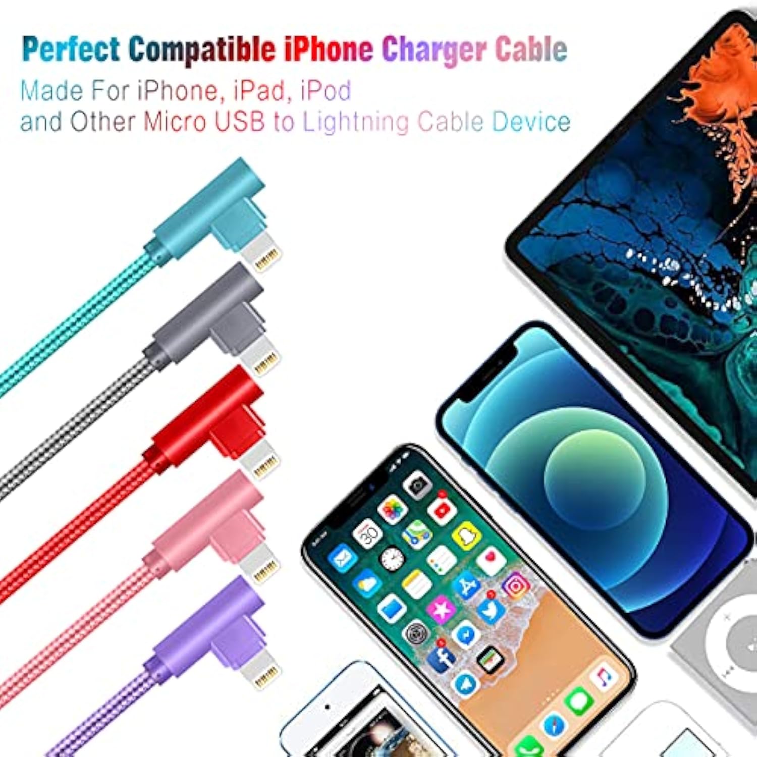 For Iphone Charger Cable Right Angle Lightning Cable 5Pack 90 Degree 6Ft Nylon Braid Charging Cord Fast Charging Compatible For Iphone 14/13/12/12Pro/11/11Pro/Xs/Max/Xr/X/8P/8/7P/7/6