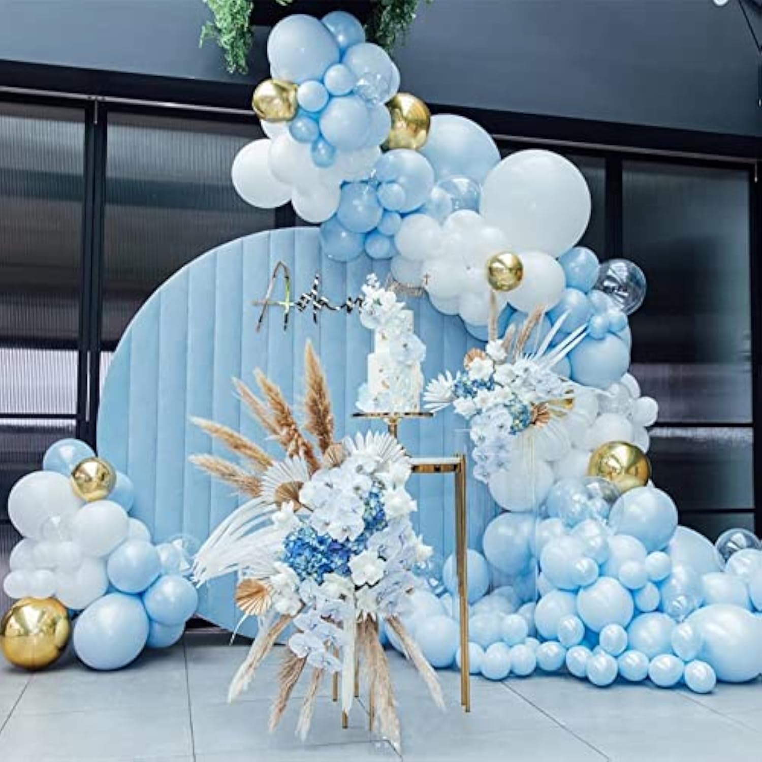 148Pcs Baby Blue Balloon Garland Kit with White & Gold Balloons for Boy Party