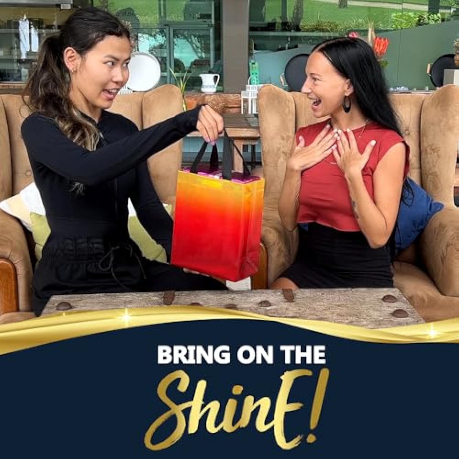 Rise Gradient Gift Bags Medium Size - Set Of 12 Sunset Yellow & Red Reusable Party Favor Bags With Handles In Bulk - Iridescent Finish - 8X4X10