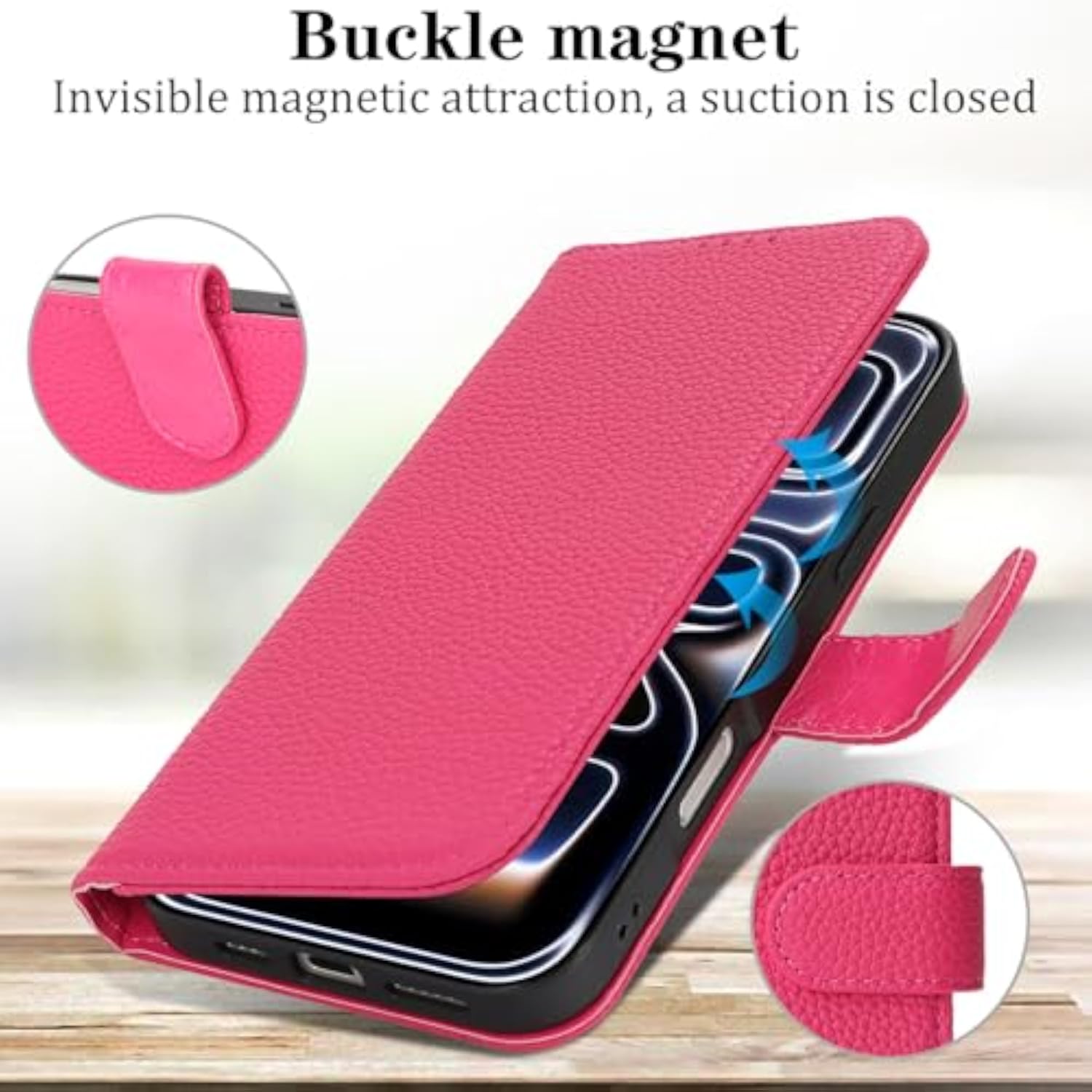Genuine Leather Wallet Case for iPhone 17 Pro, 4 Card Slot, Rose Red