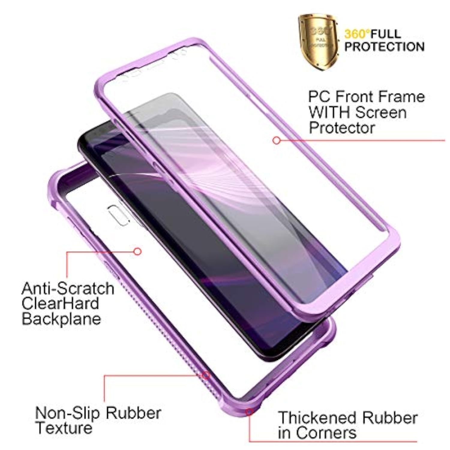 Galaxy S9 Case With Screen Protector Clear Military Grade Rugged 360 Full Body Protective Shockproof Hard Back Cover Defender Heavy Duty Bumper Case For Samsung Galaxy S9 - Purple