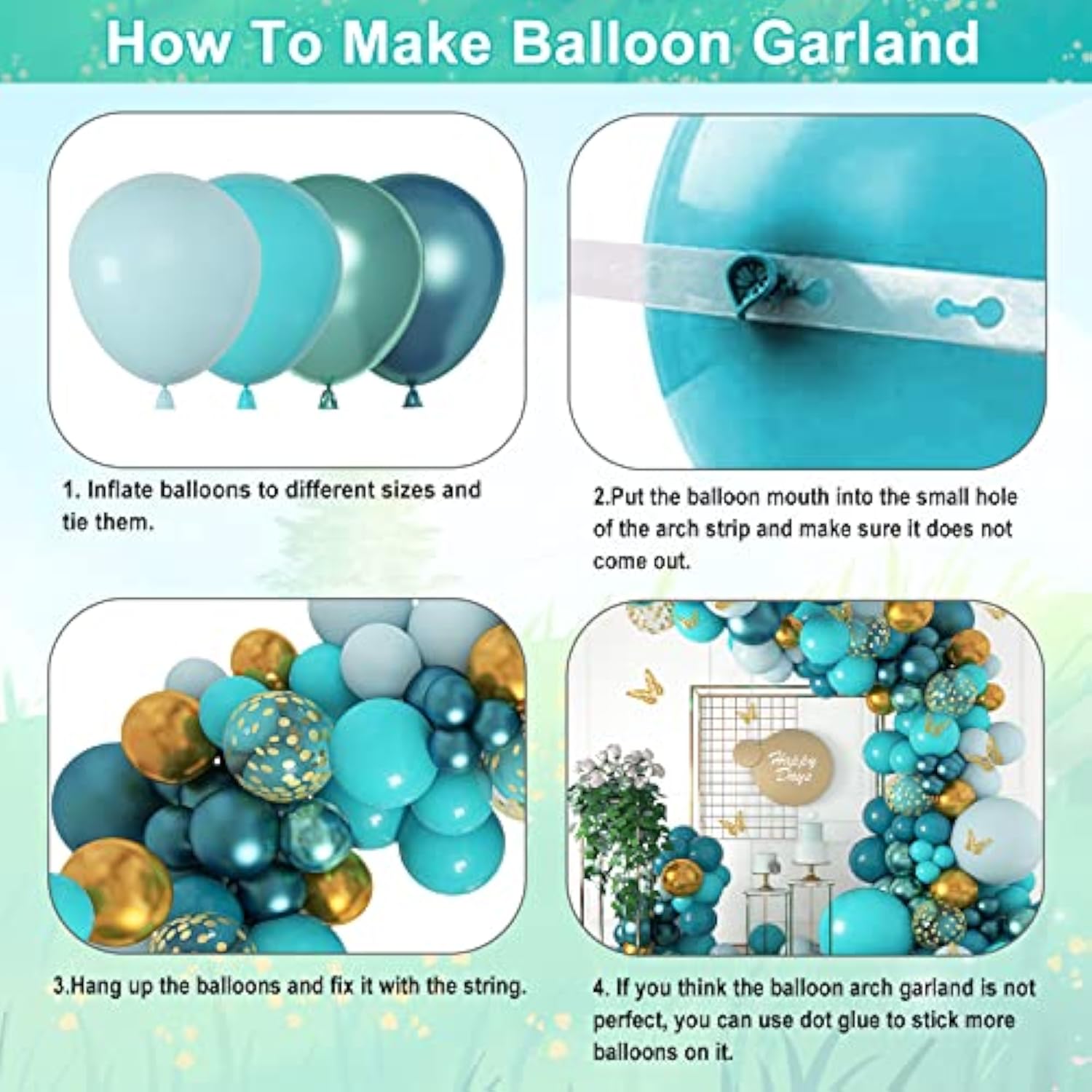 168Pcs Teal Balloons Garland Arch Kit, Double-Stuffed Dark Teal Blue Turquoise Metallic Gold Green Balloons With 12Pcs Butterfly For Birthday Wedding Baby Shower Party Decorations