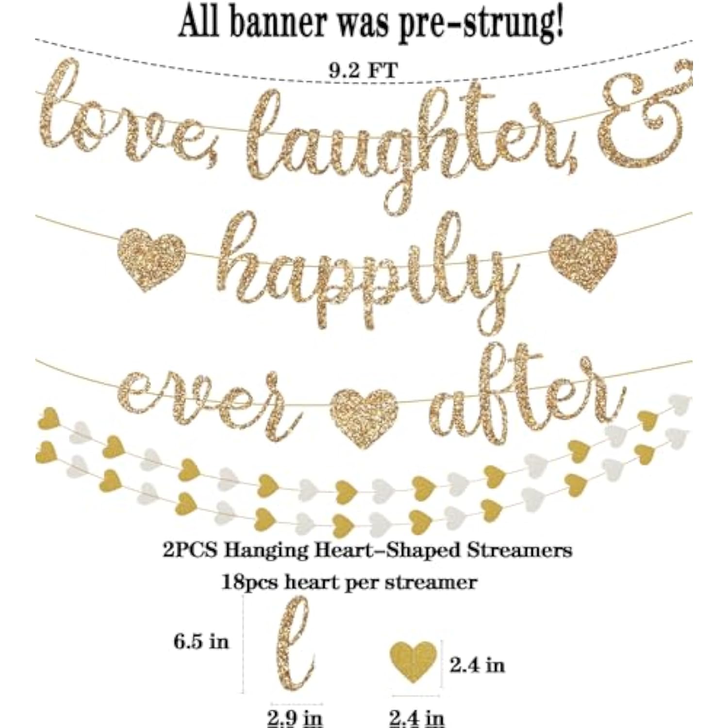 Gold Glitter "Love & Laughter" Banner with Heart Garland for Bridal Shower or Bachelorette