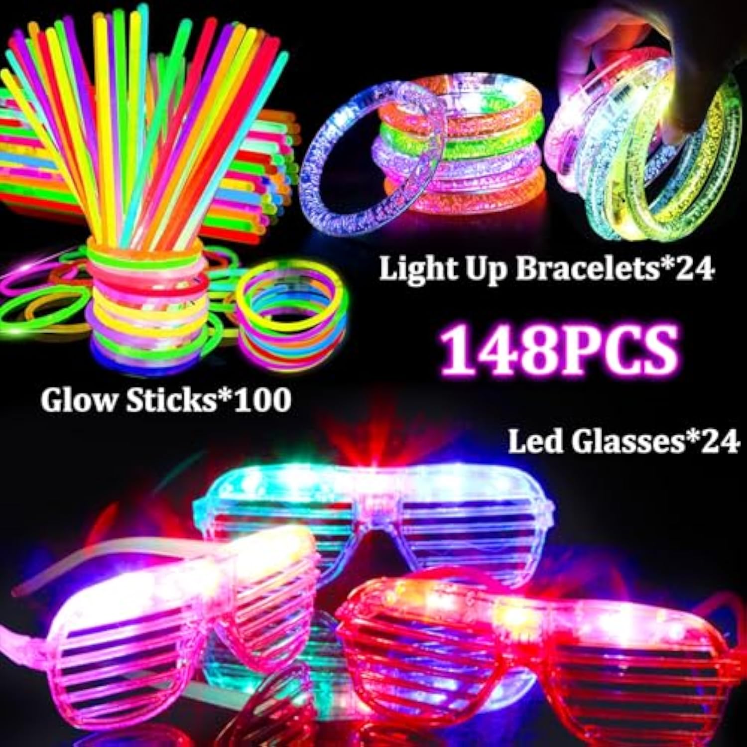 148-Piece Glow-in-the-Dark Party Kit LED Glasses, Bracelets & Glow Sticks