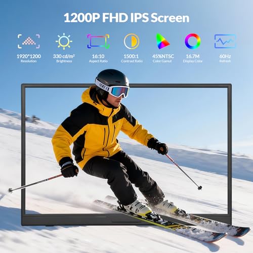 Portable Monitor, 16 1200P Fhd 16:10, 1500:1 Contrast Ratio, Usb-C Hdmi Laptop Screen With Rotating Stand, Horizontal/Vertical Monitor, Travel Monitor For Laptop/Pc/Mac/Windows/Ps5,Vesa Mountable