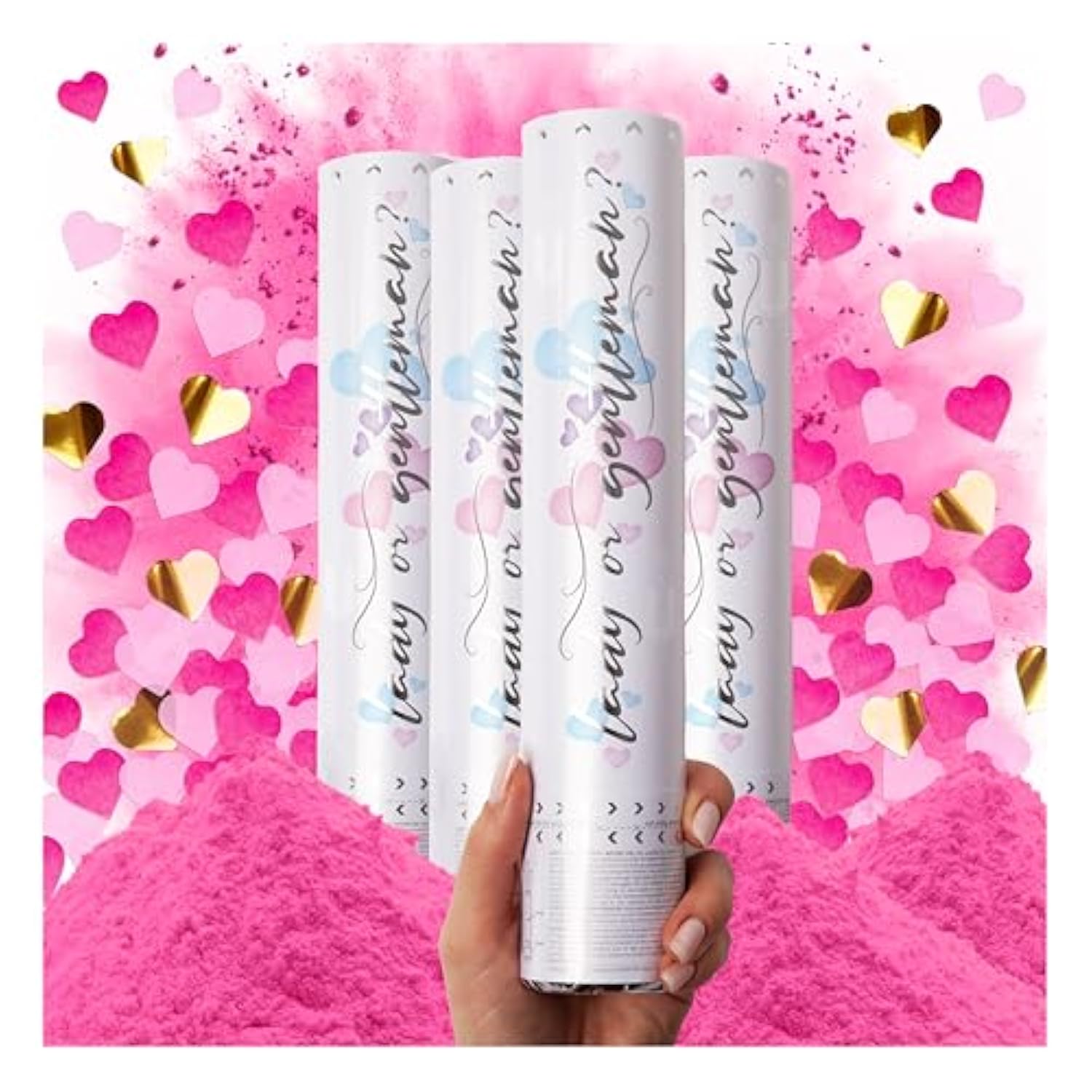 Gender Reveal Confetti Cannon - Biodegradable Powder & Heart Shaped Confetti Poppers - Pink, 4 Pack - Baby Girl Gender Reveal Smoke Bombs Party Poppers Cannons Shooters