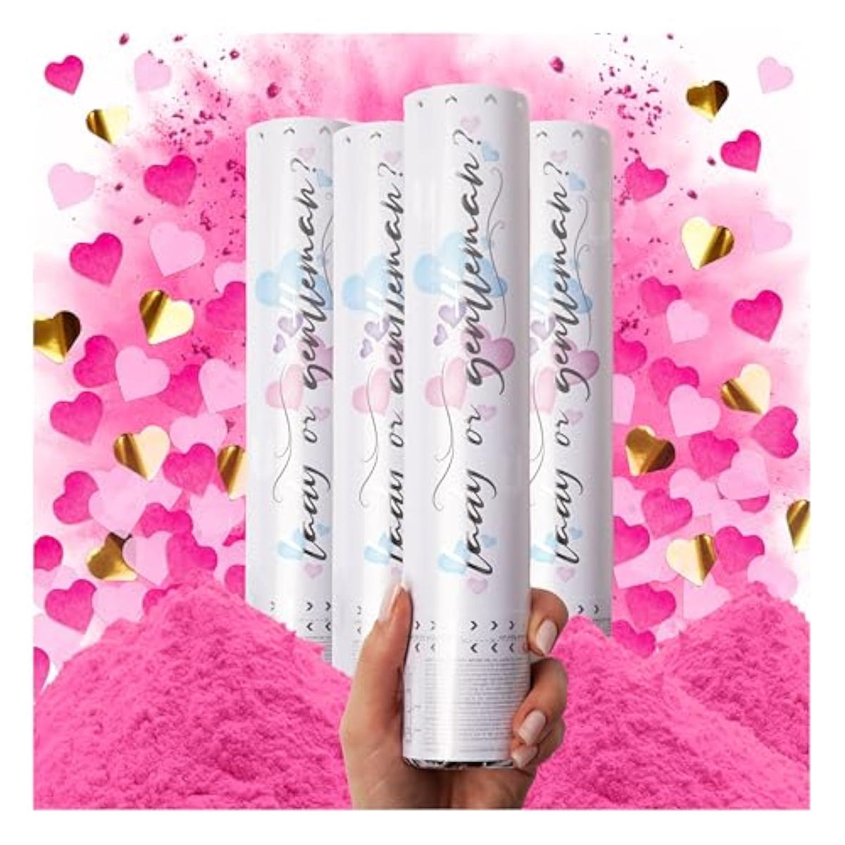 Gender Reveal Confetti Cannon - Biodegradable Powder & Heart Shaped Confetti Poppers - Pink, 4 Pack - Baby Girl Gender Reveal Smoke Bombs Party Poppers Cannons Shooters