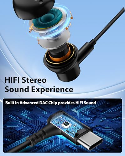 Wired Earbuds for  USB C Headphones,90° Angled L-Shaped Plug in Ear Buds Magnetic Wire USBC Corded Earphones for iPhone 17 17e 16 16e 15 Pro Max