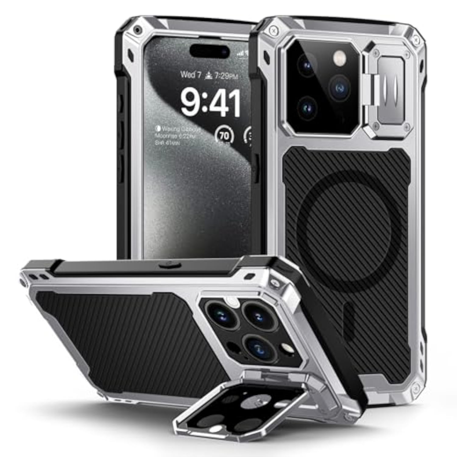 Heavy Duty Metal Case for iPhone 15 Pro Max with Built-in Camera Kickstand and Glass Screen Protector, Silver