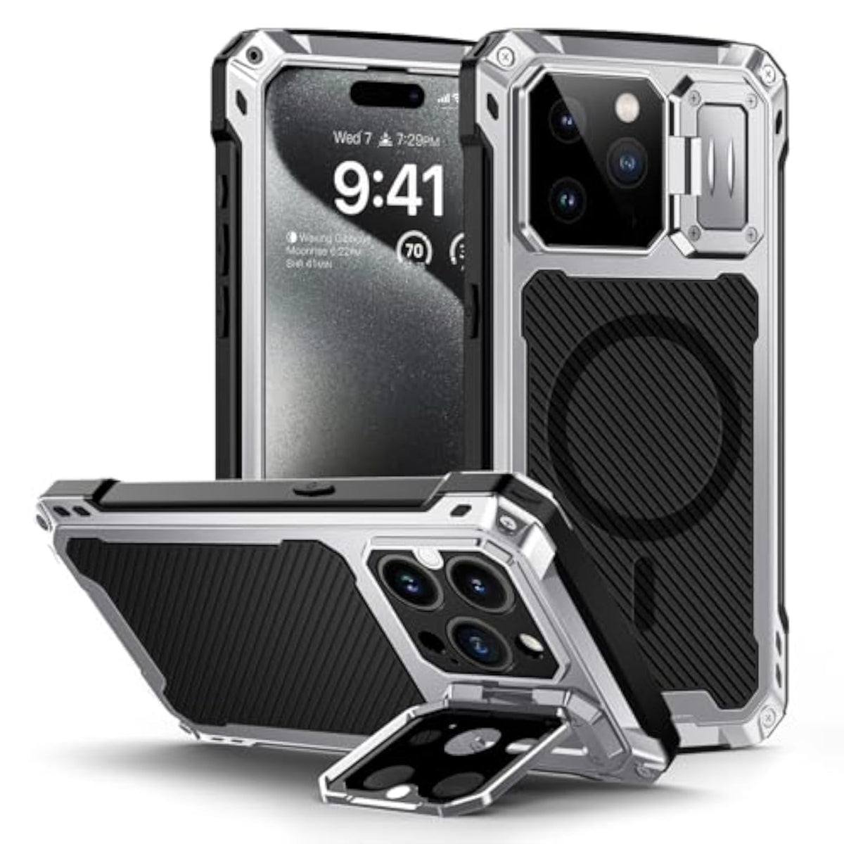 Heavy Duty Metal Case for iPhone 15 Pro Max with Built-in Camera Kickstand and Glass Screen Protector, Silver