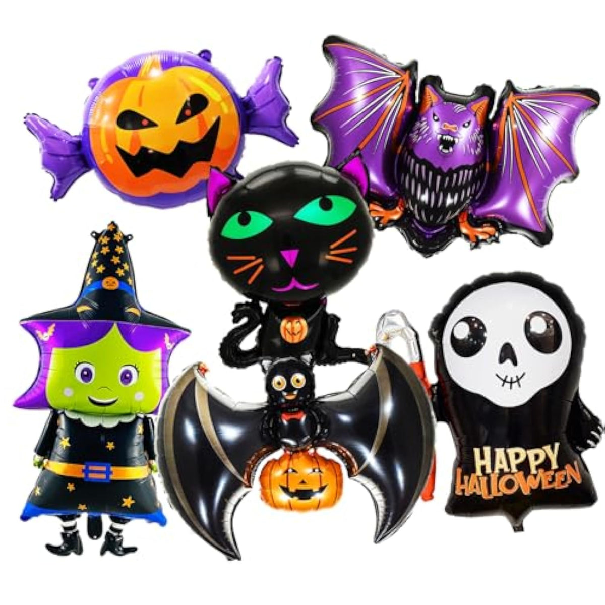 6Pcs Large Halloween Foil Balloons - Bat, Witch, Pumpkin, Cat, Skeleton, Ghost & Spider