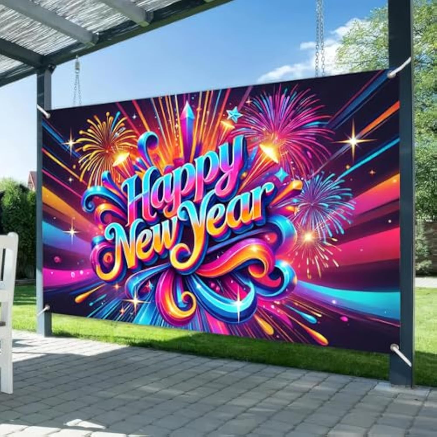 Happy New Year Backdrop 71x43in Fireworks Banner for Party Photo Booth
