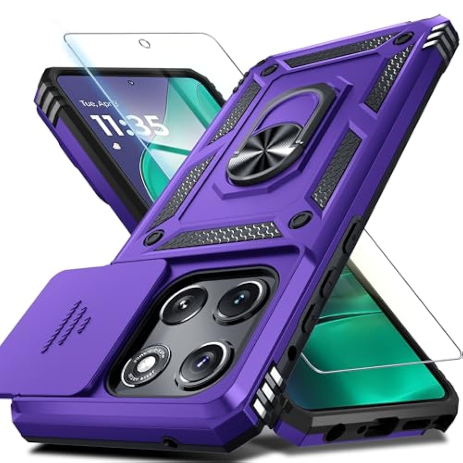 Compatible With Moto G Stylus 5G 2025 Case Built In Slide Camera Lens Cover+Screen Protector+Finger Ring Holder Kickstand,Heavy Duty Shockproof Full Body Protective Phone Cover,Purple