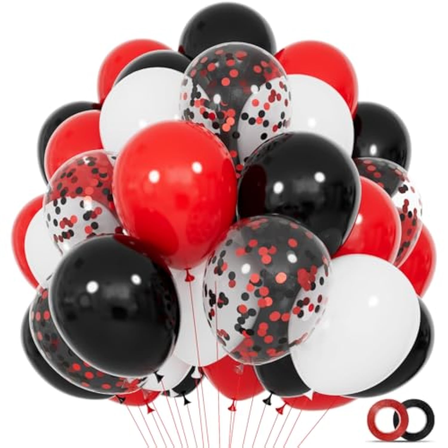 68Pcs Red, Black & White Latex Balloons with Confetti for Birthday, Wedding & More