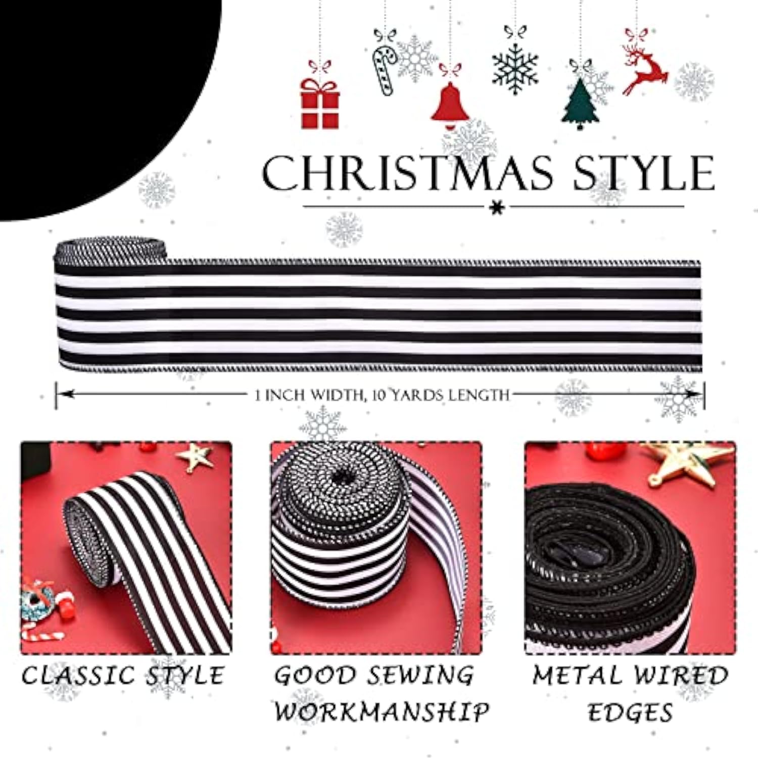 Christmas Ribbon For Tree, Black And White Striped Ribbon Wired Vertic