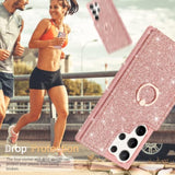 For Samsung Galaxy S23 Ultra Case Wallet,Glitter Sparkle 5 Card Holder Kickstand 360°Rotation Ring With 1Xcamera Lens Protector Shockproof Protective Galaxy S23 Ultra Case,6.8Inch,Rose Gold