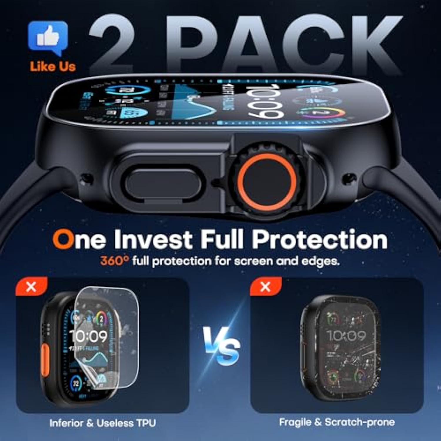 2 Pack Hard Case Designed For Apple Watch Ultra 2 (2024) / Ultra 1 49Mm, With 9H [Hd Clear] Tempered Glass Screen Protector, [Full Protection] Slim Cover For Iwatch 49Mm - Black