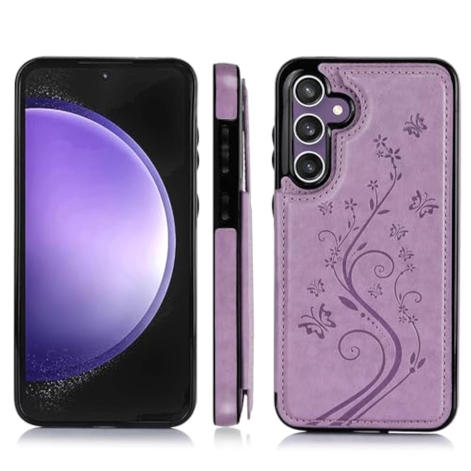 Phone Case For Samsung Galaxy S23 Fe 5G With Tempered Glass Screen Protector And Card Holder Wallet Cover Stand Flip Leather Cell Accessories S 23 Fe S23Fe5G S23Fe 23S G5 Women Purple