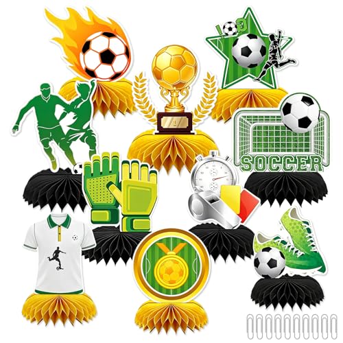 10 Pcs Soccer Party Decorations, 3D Soccer Honeycomb Centerpiece, Soccer Centerpieces for Table with Reusable Paper Clips for 2026 Matches Soccer Theme Birthday Party Supplies