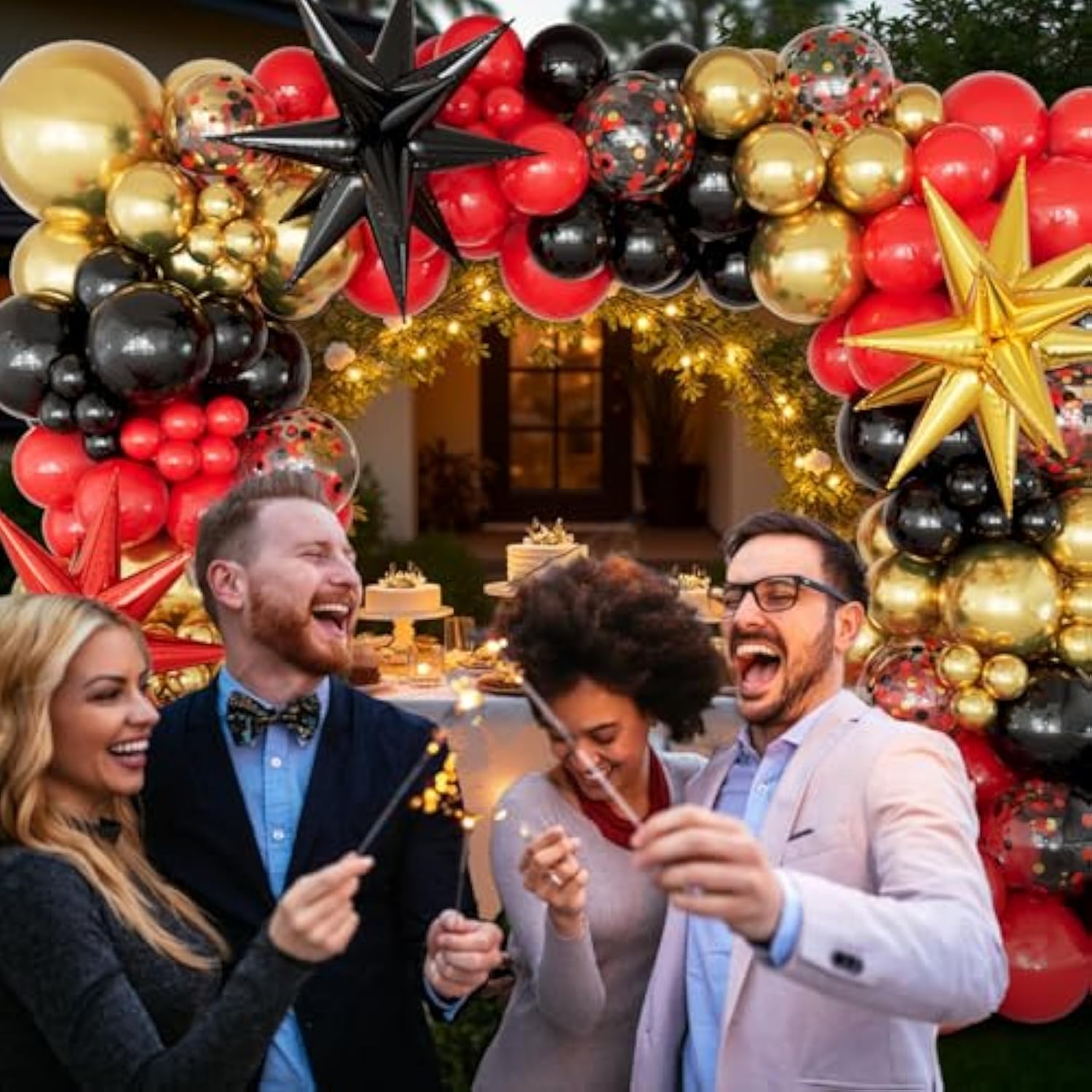 Red Black & Gold Balloon Arch Kit with Star Balloons for NYE & Parties
