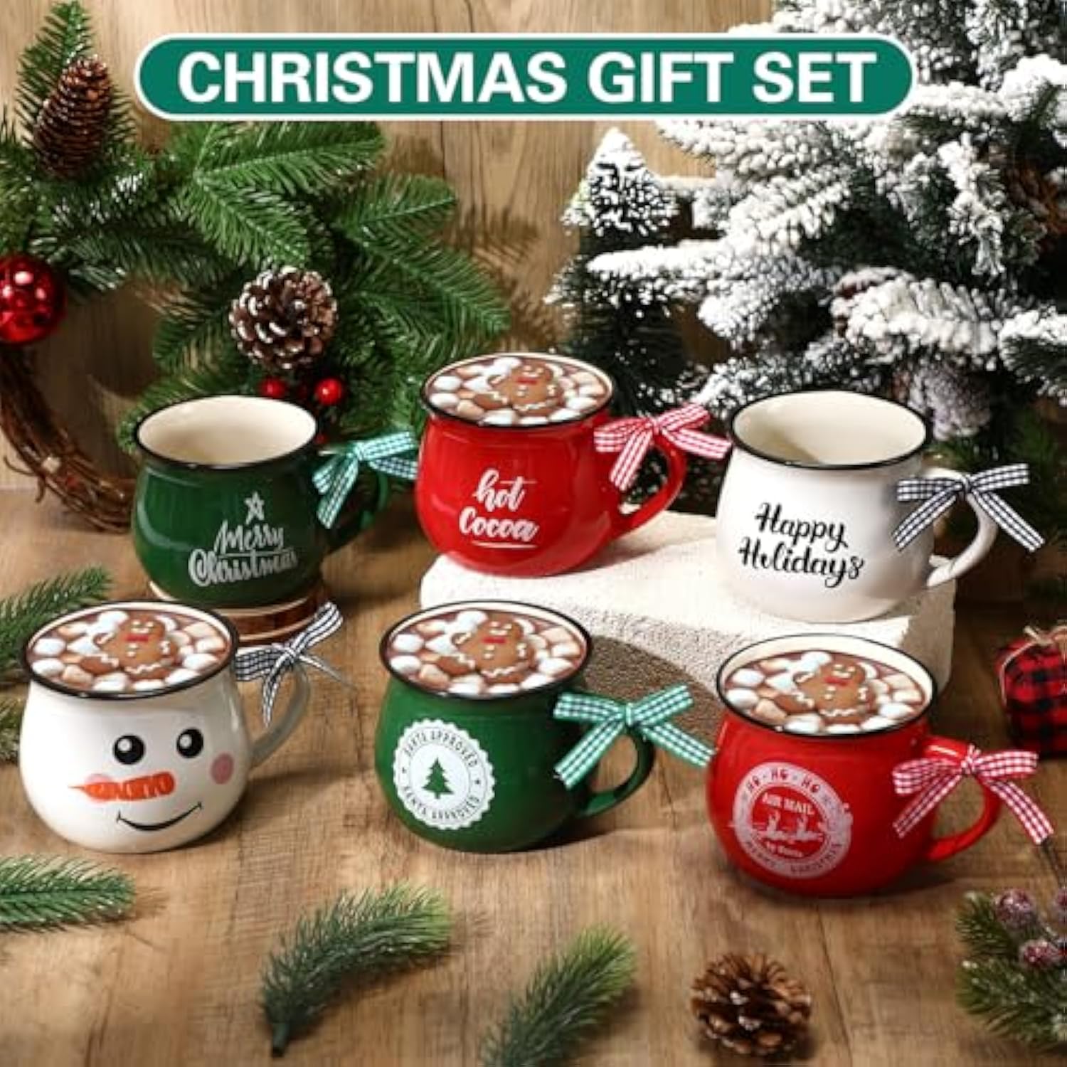 Christmas Coffee Mugs Set Of 6, 12 Oz Ceramic Mug Gift Holiday Hot Cocoa For Family Mom Woman Friend Farmhouse(Snowman Style)