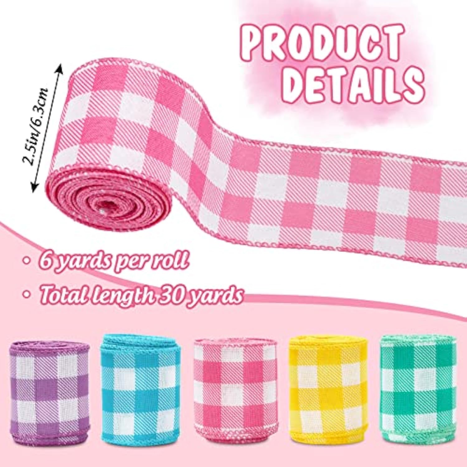 Spring Wired Edge Ribbon 30 Yards Pastel Gingham Patterned Ribbon Colo