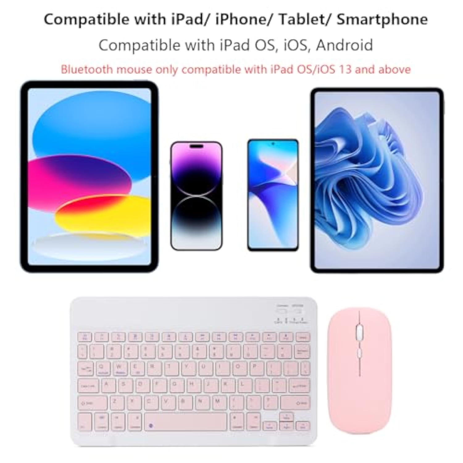 Rechargeable Bluetooth Keyboard And Mouse Combo For Ipad, Ultra-Slim Portable Wireless Mouse Keyboard For Ipad Pro Air Mini Iphone Samsung Tablet Cell Phone Android, Ipados/Ios 13 And Above (Pink)