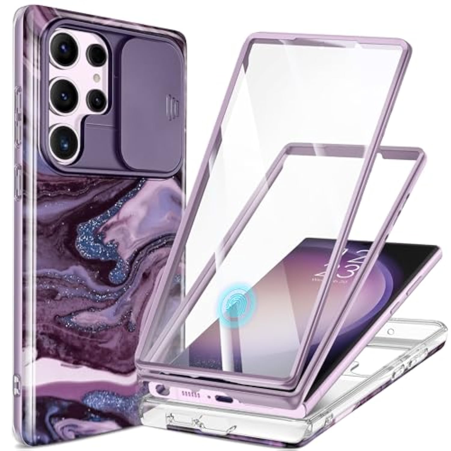 For Samsung Galaxy S23 Ultra Case With Slide Camera Cover, [Built-In Screen Protector] [2 Front Frames] Military Grade Shockproof Marble Phone Case Fit S23 Ultra 6.8", Quicksand/Purple