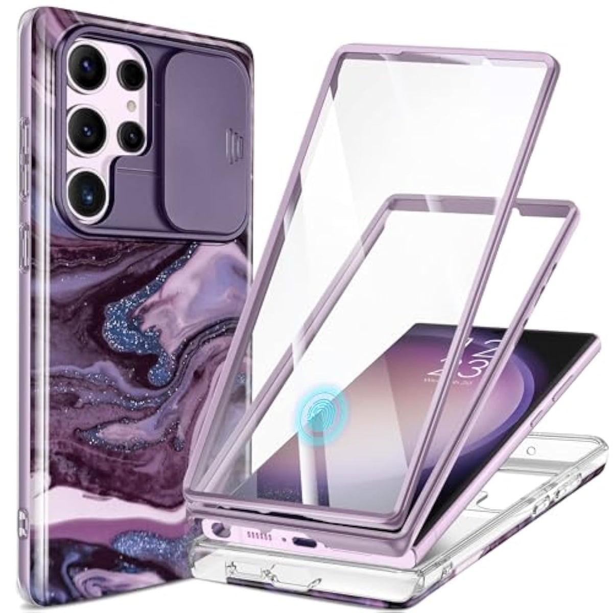 For Samsung Galaxy S23 Ultra Case With Slide Camera Cover, [Built-In Screen Protector] [2 Front Frames] Military Grade Shockproof Marble Phone Case Fit S23 Ultra 6.8", Quicksand/Purple