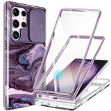 For Samsung Galaxy S23 Ultra Case With Slide Camera Cover, [Built-In Screen Protector] [2 Front Frames] Military Grade Shockproof Marble Phone Case Fit S23 Ultra 6.8", Quicksand/Purple