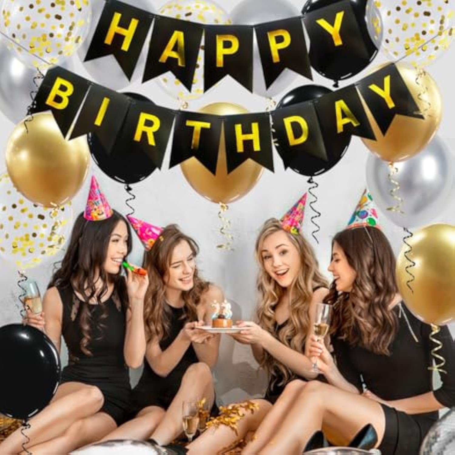 Black and Gold Birthday Banner with 16 Balloons & Ribbons for Men, Women, Boys and Girls Parties