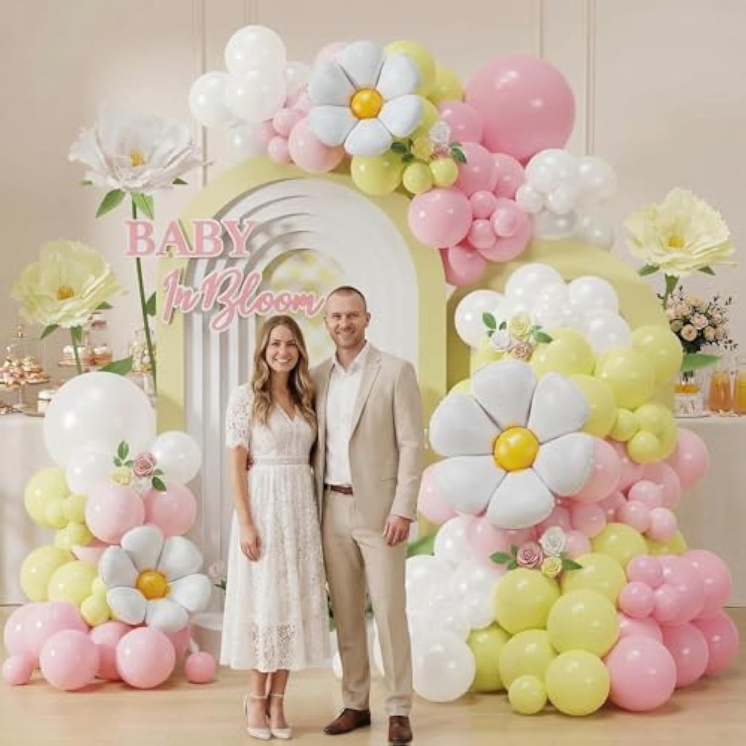 Daisy Flower Balloon Arch Kit, 139Pcs Pink White Yellow Wildflower Balloons Wild Flower Baby In Bloom Decorations, Spring Daisy Theme For Baby Shower & Birthday Party Supplies