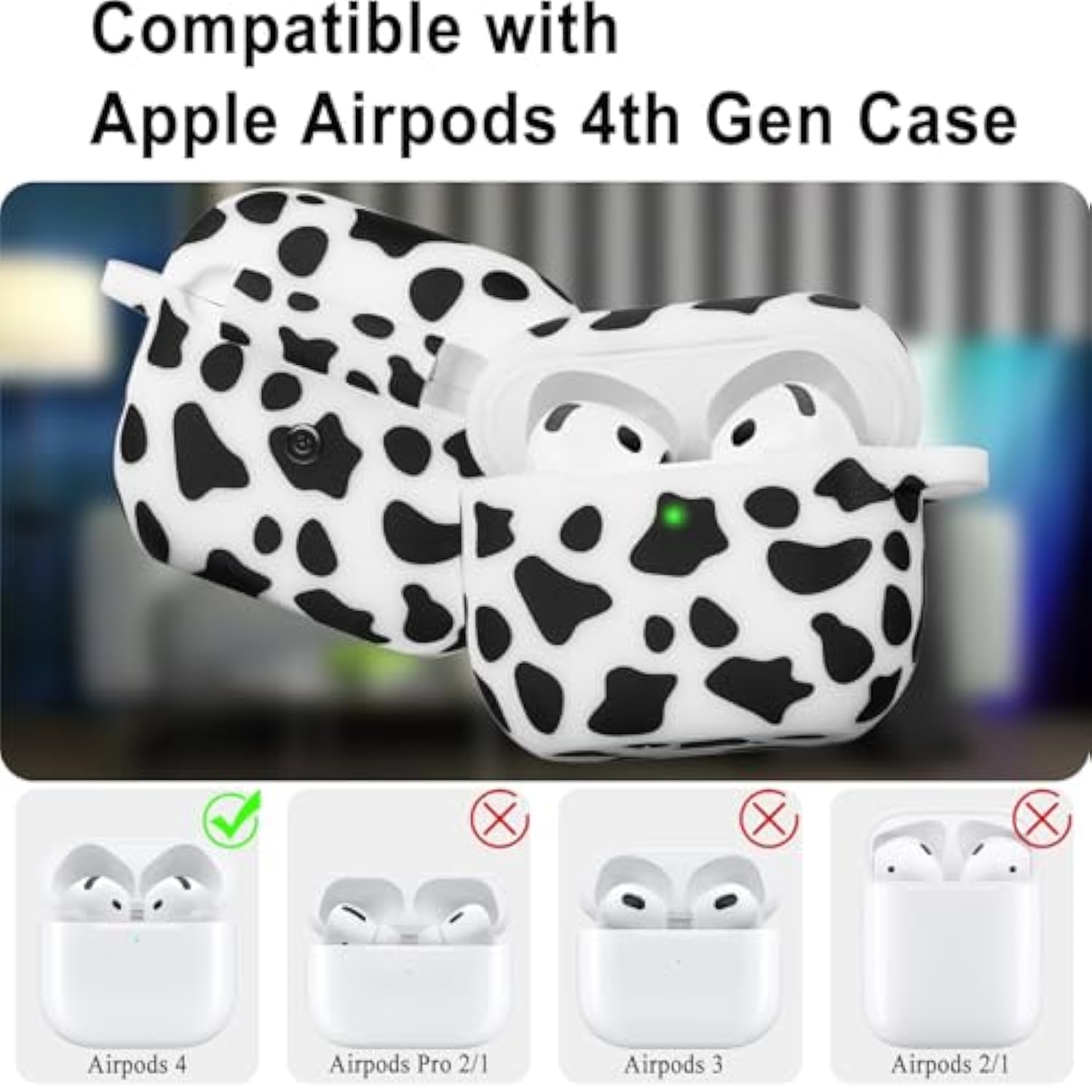 Silicone Cow Airpods 4 Case 2024, Case Cover With Cleaner Kit For Apple Airpods 4Th Generation Floral Print Soft Flexible Cover For Air Pod 4Th Women Girls, Skin With Keychain - Black Cow
