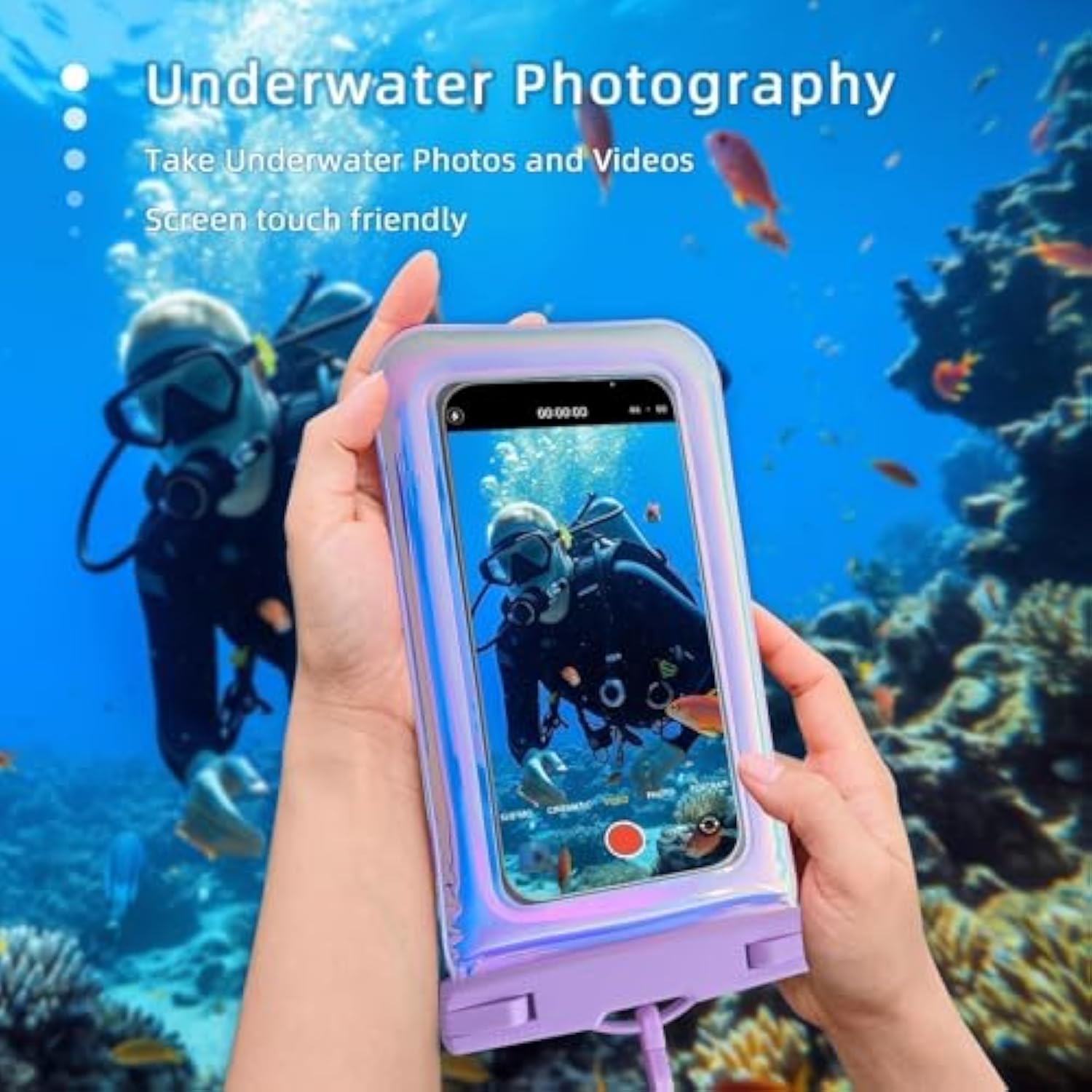 Floatable Waterproof Phone Pouch for iPhone, IP68 Dry Bag with Lanyard, Purple