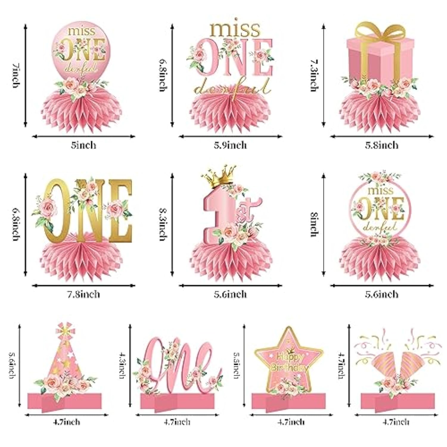 10pcs Miss Onederful Honeycomb Centerpieces for Baby Girl's 1st Birthday Decor