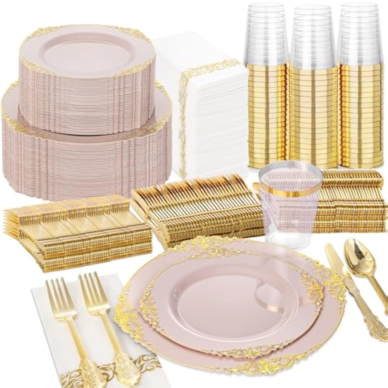 350Pcs Pink Plastic Plates - Pink Dinnerware Sets For 50 Guests - 100 Disposable Plates, 150 Gold Plastic Silverware, 50 Cups, 50 Napkins For Wedding & Party