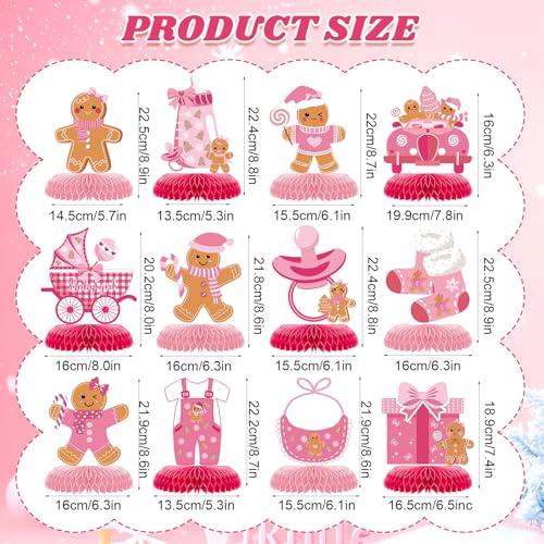 12Pcs Pink Gingerbread Baby Shower Honeycomb Centerpieces Christmas Gingerbread Man Honeycomb Table Decorations for Winter, Birthday, Baby Shower Party Favors