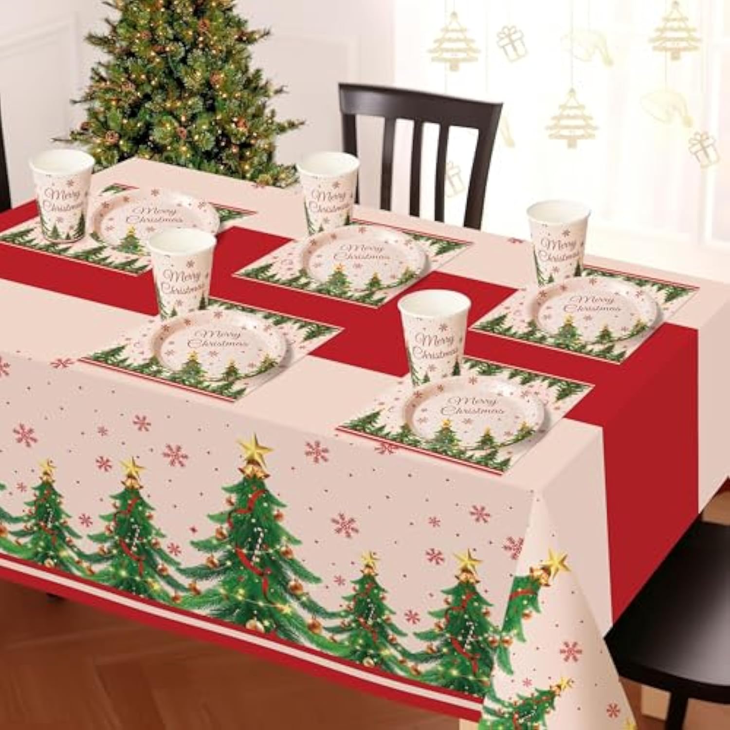 Christmas Party Supplies,102 Pcs Xmas Tree Themed Party Set,Christmas Decoration Dinnerware Set,Disposable Tablecloths Plates Cups Napkins Xmas Tableware For Home,Dinner,Picnic,Holiday,Parties