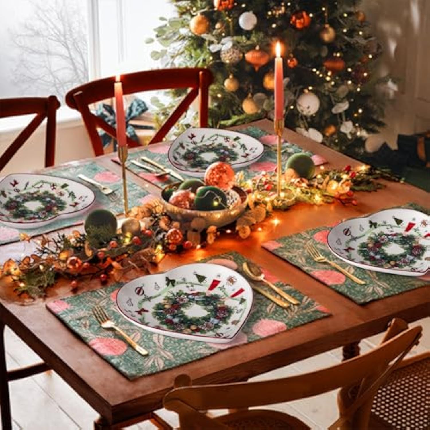 8 Inch Heart Shape Plate With Christmas Pattern, New Bone China For Serving Appetizer, Cake, Candy And Holiday Dish, For Holiday Table, Christmas Party Or Festival Celebration, Set Of 2, Green Wreath