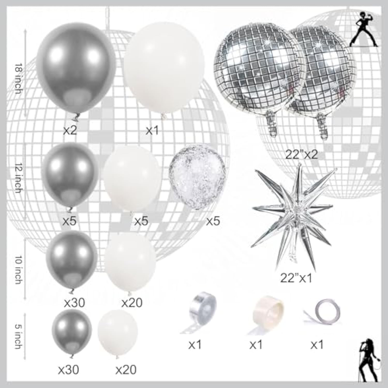 134pcs Disco Balloon Garland Arch Metallic Silver White Confetti Party Decor
