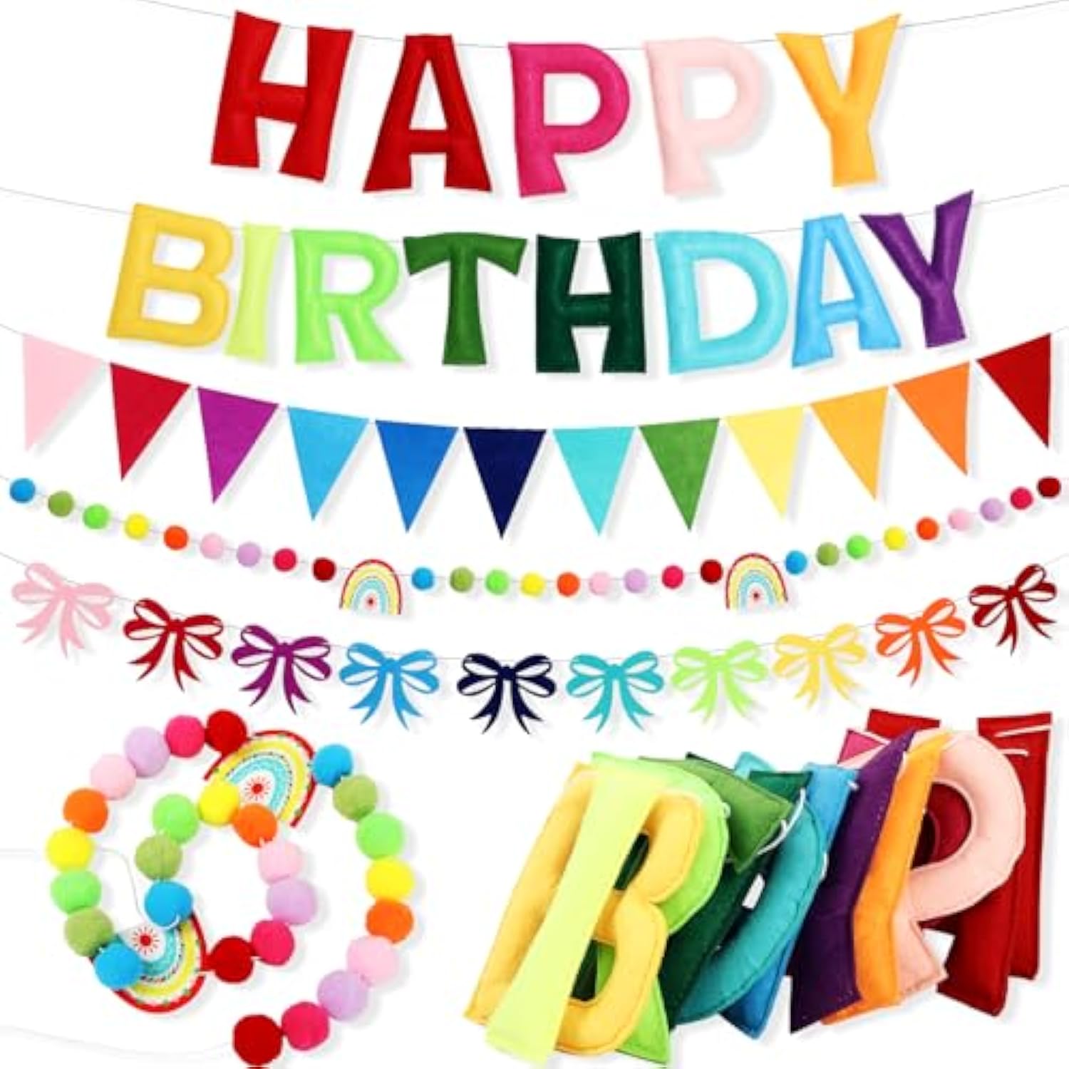 3D Happy Birthday Banner Party Decorations Reusable Sign With Pompom Garland, Bunting Flags And Bow Garland