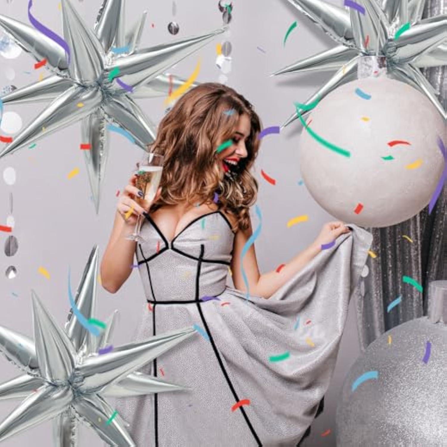 60Pcs Silver Star Balloons Birthday Decorations Explosion Mylar Balloons 12 Spike Balloon Large Foil Prom Balloon For Wedding Anniversary Christmas New Year Eve Party Backdrops Supplies