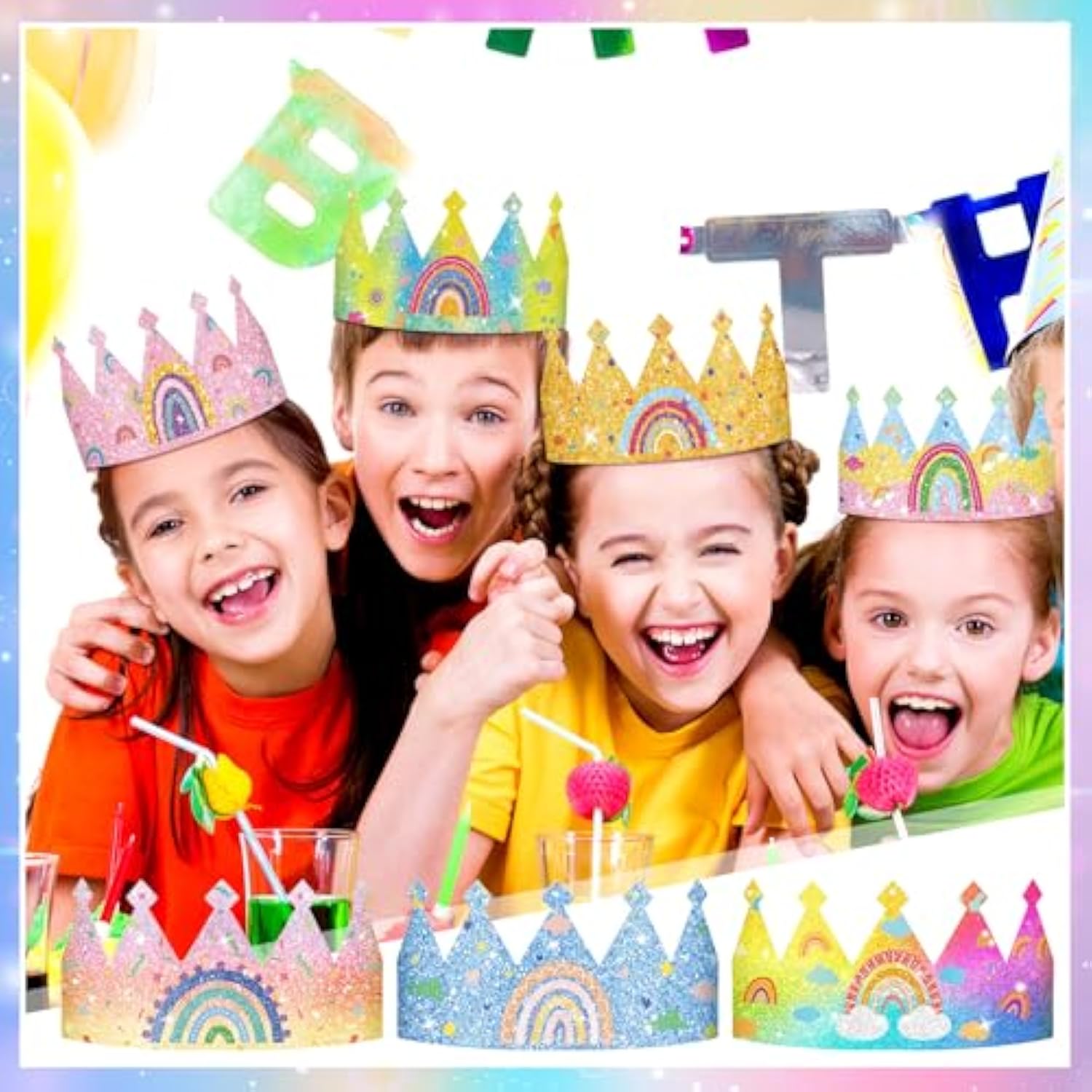 32 Pcs Rainbow Birthday Party Crown For Kids Birthday Party Hats Rainbow Glitter Decorations Paper Crowns Headband For Girls Birthday, Rainbow Party Supplies, Classroom Activities,12 Styles