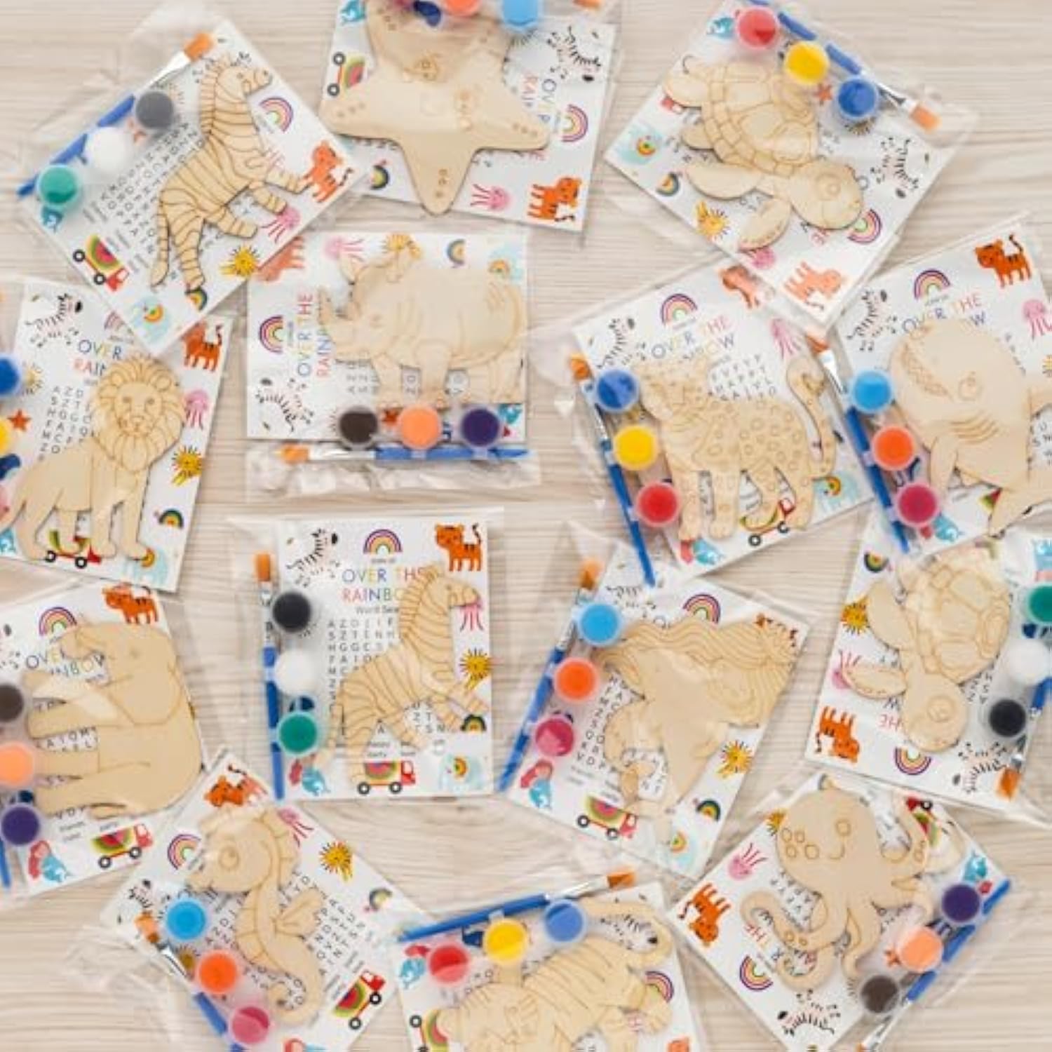24 Pcs Party Favors For Kids - Rainbow Party Favors - Safari & Under The Sea Diy Wooden Painting Kit With Word Search Cards - Classroom Birthday Gifts, Goodie Bags & School Rewards Crafts