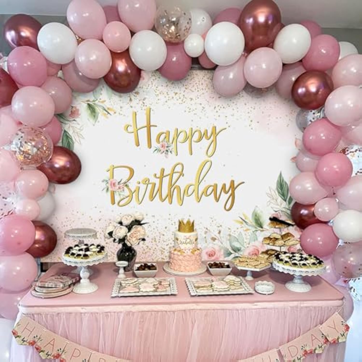Rose Gold Birthday Backdrop For Women Pink Floral Golden Flash Happy Birthday Party Decorations Flower Glitters Birthday Banner 70.8 X 43.3 Inch