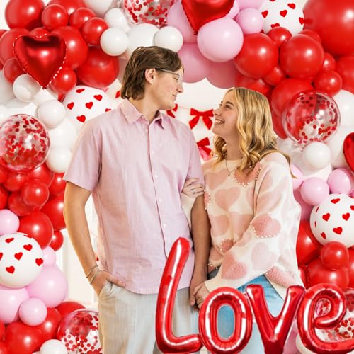 Valentines Day Balloon Garland Arch Kit, Valentine Pink Red Heart Balloons with Rose Petals for Bachelorette Bridal Wedding Engagement Birthday Galentines Romantic Valentines Party Decorations