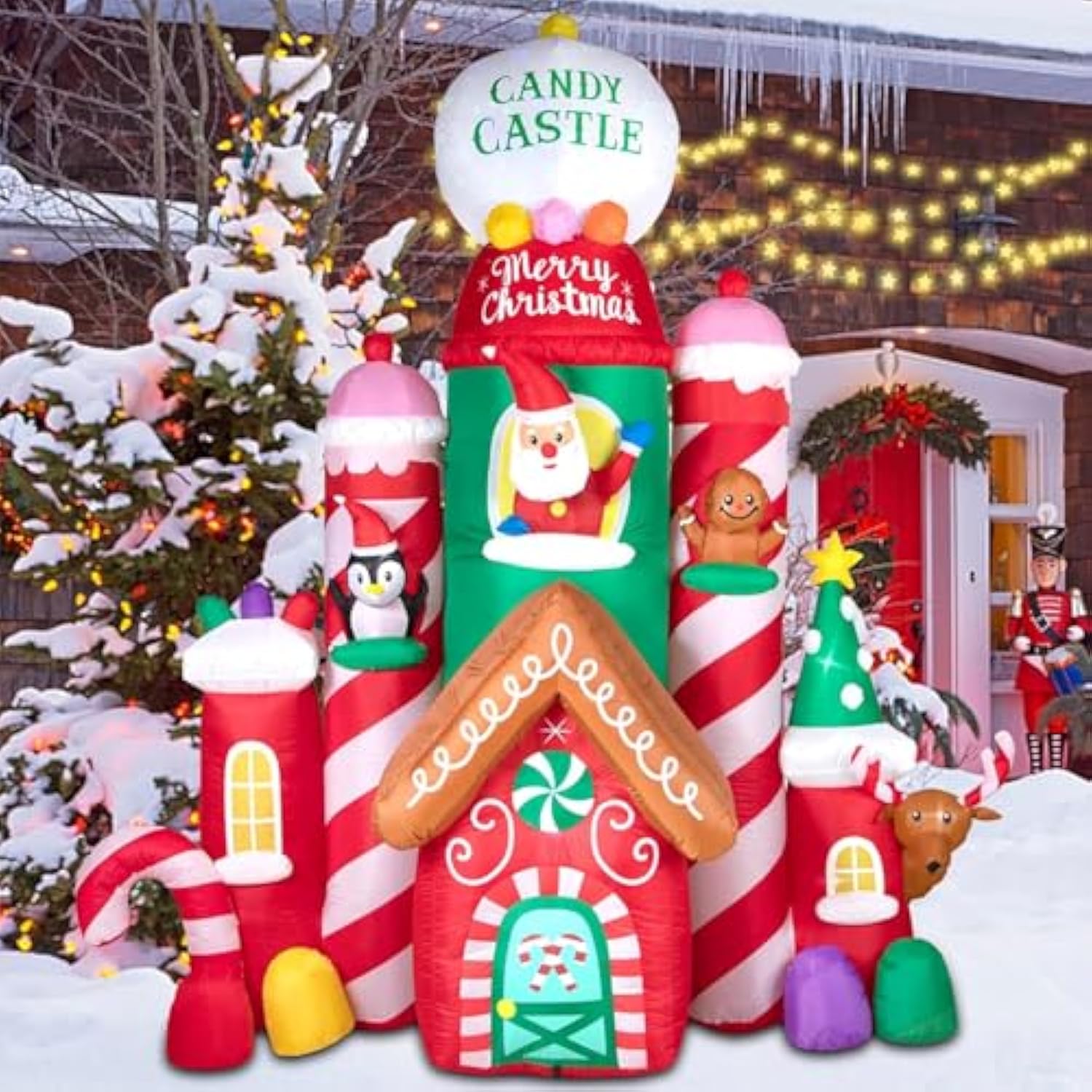 10Ft Christmas Castle Inflatable - Christmas Inflatables Castle Candy Santa Reindeer Gingerbread Penguin With Colorful L